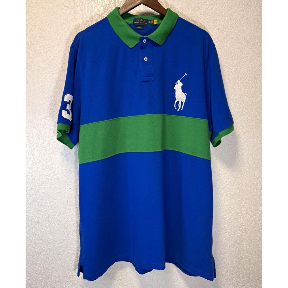 Polo Ralph Lauren Men’s 2XLT Classic Fit Big Pony Blue Green Colorblock Polo